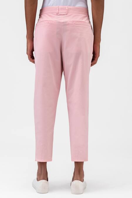 Shop Genes Lecoanet Hemant Pink Cotton Twill Plain Pleated Pastel Trouser at Aza Fashions Shop_Genes Lecoanet Hemant_Pink Cotton Twill Plain Pleated Pastel Trouser _at_Aza_Fashions