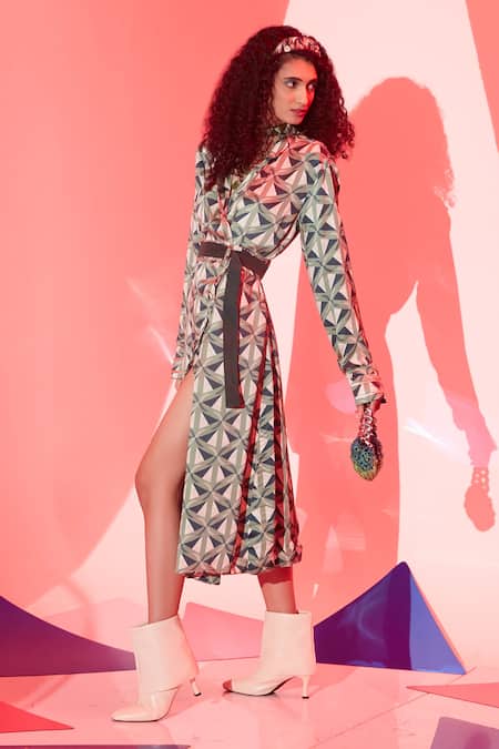 Shop Esha L Amin Multi Color Viscose, Crepe Collared Triangle Blazer Dress at Aza Fashions Shop_Esha L Amin_Multi Color Viscose, Crepe Collared Triangle Blazer Dress _at_Aza_Fashions