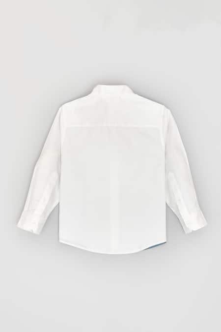 Shop LA Dee DA White Cotton Denim Panel Shirt at Aza Fashions Shop_LA Dee DA_White Cotton Denim Panel Shirt _at_Aza_Fashions