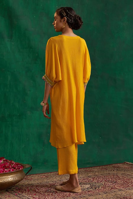 Shop Rekha Agra Yellow Crinkled Cotton Silk Polka Dots Hand Block Print Kimono And Pant Set at Aza Fashions Shop_Rekha Agra_Yellow Crinkled Cotton Silk Polka Dots Hand Block Print Kimono And Pant Set _at_Aza_Fashions