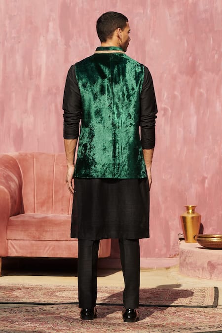 Weaver Story Green Velvet Dabka Embellished Nehru Jacket 