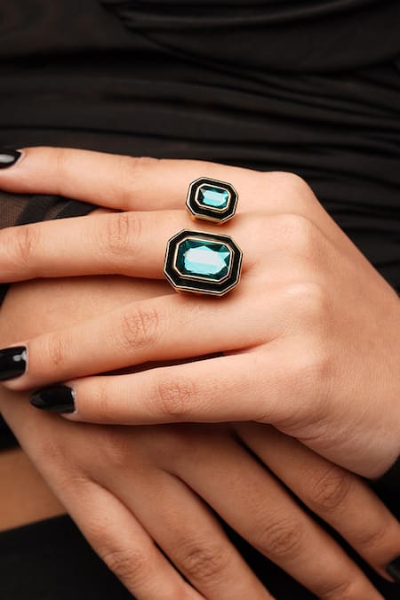 Shop_Isharya_Green Crystal B-dazzle Dual Embellished Ring _at_Aza_Fashions