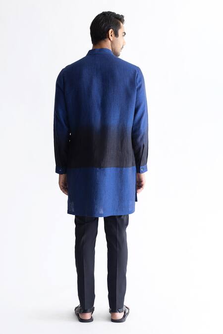 Shop_Kaha_Blue Linen Plain Hyggeb Two Tone Kurta_at_Aza_Fashions