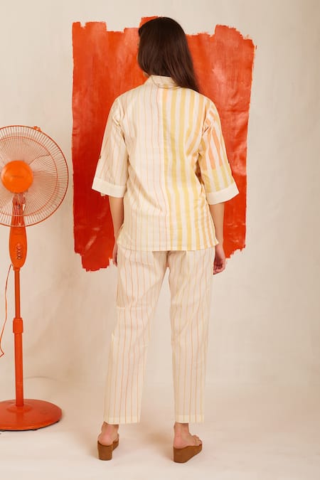 Shop Banana Labs White Cotton Collared Zesty Hand Block Striped Print Shirt And Pant Set at Aza Fashions Shop_Banana Labs_White Cotton Collared Zesty Hand Block Striped Print Shirt And Pant Set _at_Aza_Fashions