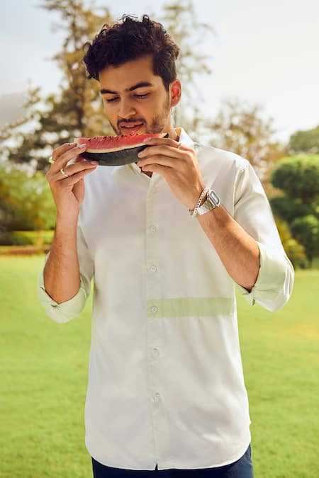 Shop Philocaly Green Cotton Placement Stripe Panelled Shirt at Aza Fashions Shop_Philocaly_Green Cotton Placement Stripe Panelled Shirt_at_Aza_Fashions