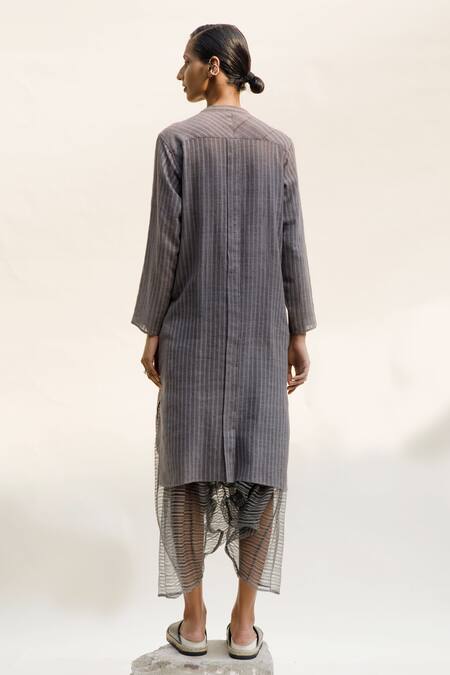 Shop_Urvashi Kaur_Grey Linen Noil Stripe Quotient Pattern Dhoti Salwar  _at_Aza_Fashions