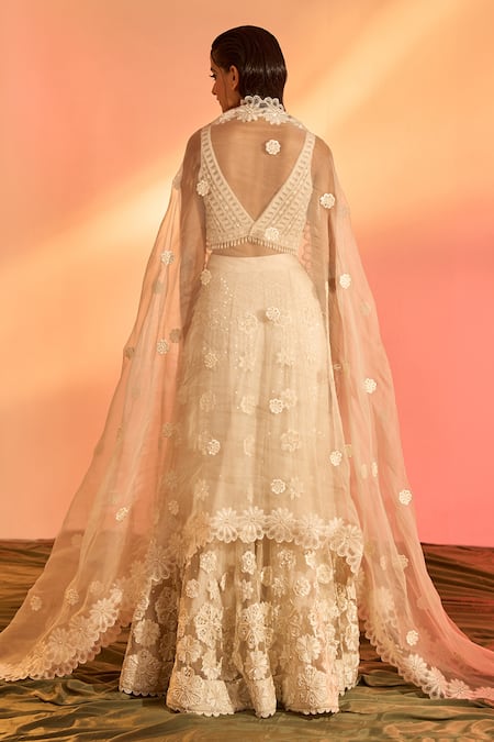Shop_J By Jannat_Ivory Organza Embroidery Floral Plunge V Neck Bloom Lehenga Set _at_Aza_Fashions