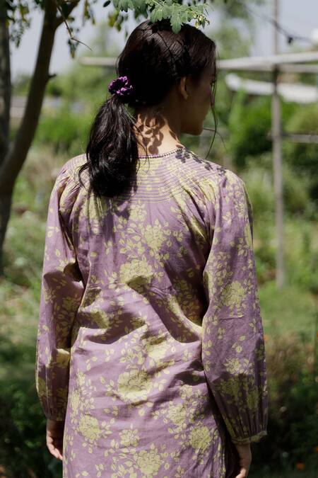Shop_Raiman_Purple Cotton Printed Floral Round Kurta And Pant Set _at_Aza_Fashions