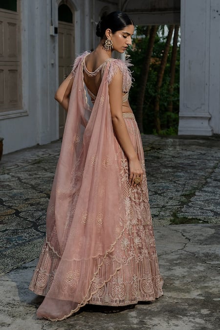 Amrin Khan_Pink Organza Embroidery Foil Sweetheart Neck Hand Lehenga Set  _Online_at_Aza_Fashions
