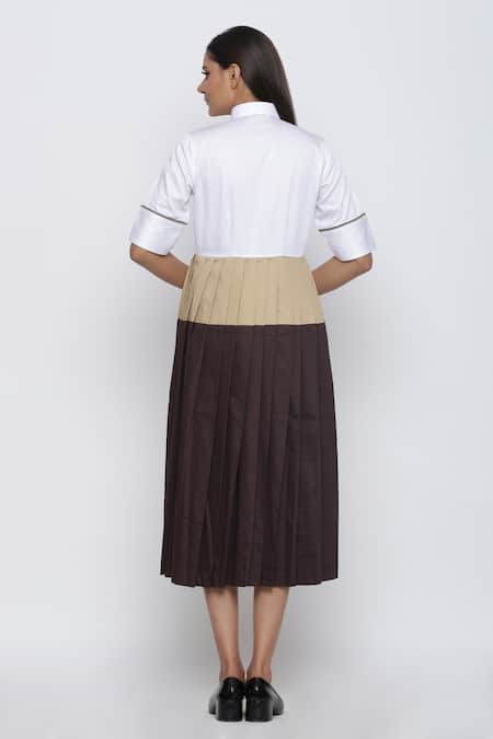 Shop Escape By Aishwarya Brown Cotton Satin Colorblock Pleated Dress at Aza Fashions Shop_Escape By Aishwarya_Brown Cotton Satin Colorblock Pleated Dress _at_Aza_Fashions