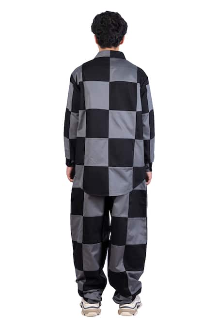 Shop_Theorem_Black Cotton Patchworked Checkered Shirt _at_Aza_Fashions