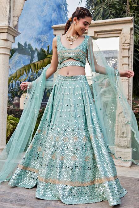 Shop_Mehak Murpana_Green Net, Crepe, Denim Mirrors, Embroidery Round Neck Blouse Bridal Lehenga Set _at_Aza_Fashions