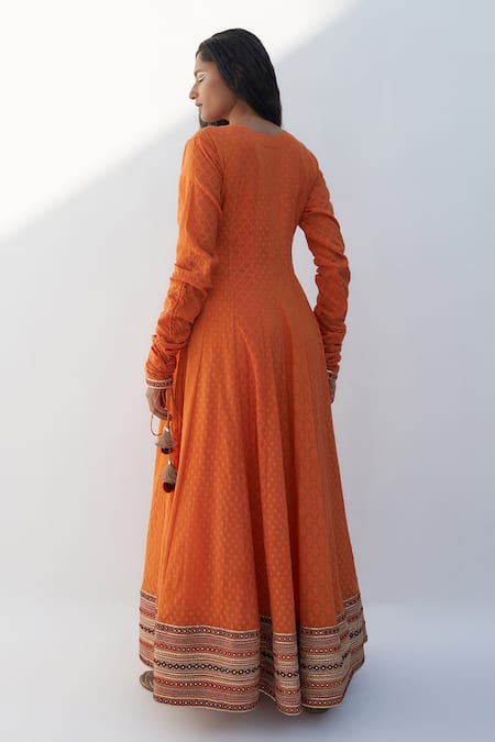 Shop Nadima Saqib Orange , Cotton Zari, Mirrors Floral Print Angrakha Anarkali at Aza Fashions Shop_Nadima Saqib_Orange , Cotton Zari, Mirrors Floral Print Angrakha Anarkali _at_Aza_Fashions