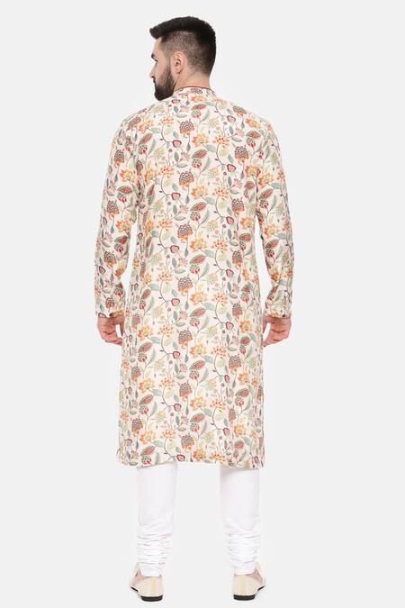 Shop_Mayank Modi - Men_Ivory Muslin Mughal Floral Print Kurta Set _at_Aza_Fashions