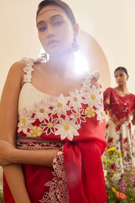 Shop_Chandrima_Red Organza Embroidery Floral Daisy Applique Saree _at_Aza_Fashions