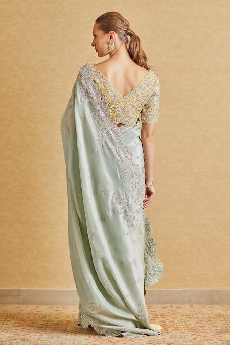 Shop Osaa By Adarsh Blue Silk, Tissue Embroidery Scoop Neck Hand Scallop Trim Saree With Blouse at Aza Fashions Shop_Osaa By Adarsh_Blue Silk, Tissue Embroidery Scoop Neck Hand Scallop Trim Saree With Blouse _at_Aza_Fashions