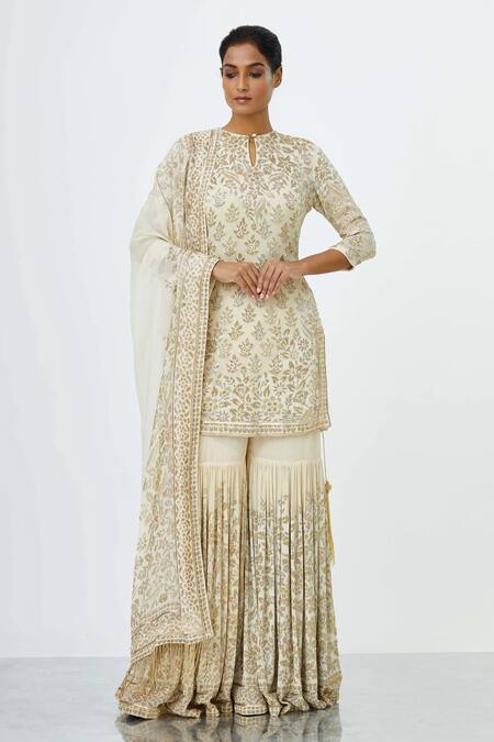 Shop Nakul Sen Ivory Chiffon Embroidery, Cut Work Keyhole Floral Cutdana Kurta Sharara Set at Aza Fashions Shop_Nakul Sen_Ivory Chiffon Embroidery, Cut Work Keyhole Floral Cutdana Kurta Sharara Set_at_Aza_Fashions