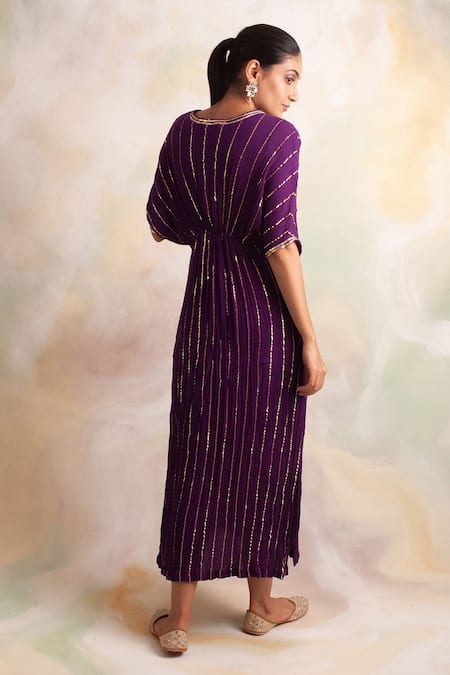Shop_Palak & Mehak_Purple Rayon Crepe Stripe V Neck Embroidered Kaftan _at_Aza_Fashions