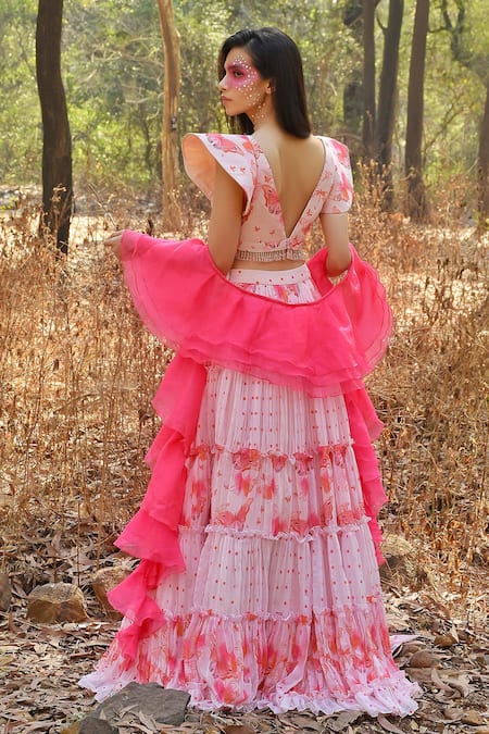 Shop Disha Kahai Pink Georgette, Organza Beads V-neck Printed And Embroidered Blouse Lehenga Set at Aza Fashions Shop_Disha Kahai_Pink Georgette, Organza Beads V-neck Printed And Embroidered Blouse Lehenga Set_at_Aza_Fashions