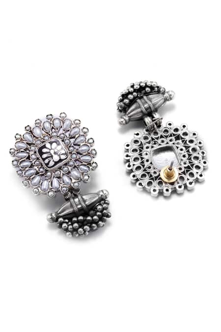Shop Sangeeta Boochra Silver Plated Stones Natila Embellished Earrings at Aza Fashions Shop_Sangeeta Boochra_Silver Plated Stones Natila Embellished Earrings _at_Aza_Fashions