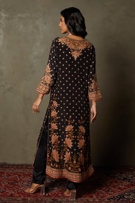 Shop RI.Ritu Kumar Black Kurta - Rayon Crepe Printed Waterfall Floral Pattern Pant Set at Aza Fashions Shop_RI.Ritu Kumar_Black Kurta - Rayon Crepe Printed Waterfall Floral Pattern Pant Set _at_Aza_Fashions