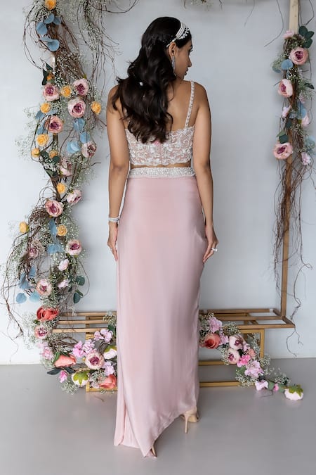 Sunita Bhandari_Pink Net, Viscose Embroidery, Sequins, Pearls Blouse And Draped Skirt Set _Online_at_Aza_Fashions