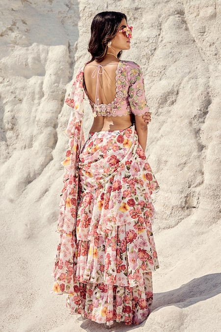 Shop Nikita Vishakha Purple Silk Organza, Georgette Embroidery Hand Pre-draped Saree With Blouse at Aza Fashions Shop_Nikita Vishakha_Purple Silk Organza, Georgette Embroidery Hand Pre-draped Saree With Blouse _at_Aza_Fashions