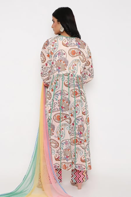 Shop Bha Sha Ivory Georgette, Modal, Net, Crepe Embroidery Sky Paisley Print Anarkali Set at Aza Fashions Shop_Bha Sha_Ivory Georgette, Modal, Net, Crepe Embroidery Sky Paisley Print Anarkali Set _at_Aza_Fashions