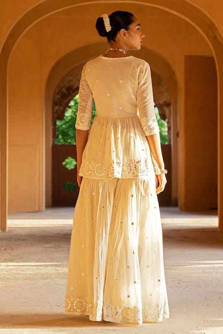 Shop Preevin Off White Cotton, Tulle, Net Lace, Circle Pattern Peplum Angrakha Sharara Set at Aza Fashions Shop_Preevin_Off White Cotton, Tulle, Net Lace, Circle Pattern Peplum Angrakha Sharara Set _at_Aza_Fashions