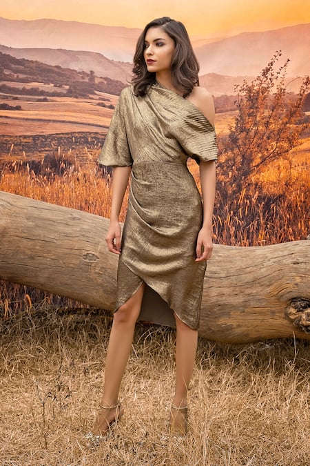 Shop_Amrta By Guneet Kondal_Gold Polyester, Viscose Foil Printing Shawl Neck One Shoulder Dress _at_Aza_Fashions