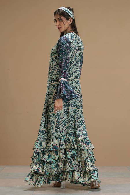 Affroz Abstract Print Ruffle Hem Dress 