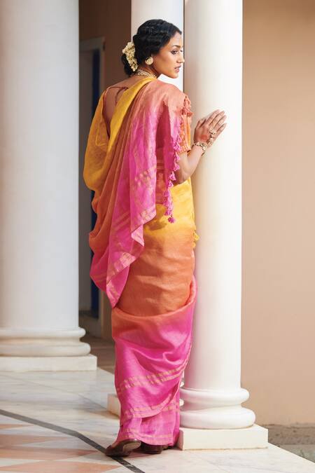 Shop Dressfolk Yellow Silk, Linen Zari, Tassels Ghul Mil Ombre Saree With Running Blouse at Aza Fashions Shop_Dressfolk_Yellow Silk, Linen Zari, Tassels Ghul Mil Ombre Saree With Running Blouse_at_Aza_Fashions