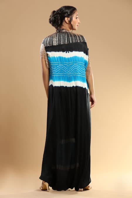 Shop_Etasha by Asha Jain_Blue Gingham Embroidery, Tassels Bandhani Pattern Jumpsuit _at_Aza_Fashions