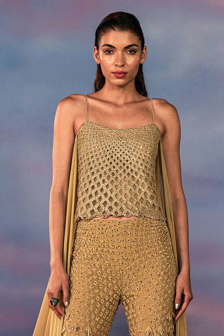 Shop Rohit Gandhi + Rahul Khanna Green Tulle Embroidery Sequins Square Citrine Swing Top With Fornix Trouser at Aza Fashions Shop_Rohit Gandhi + Rahul Khanna_Green Tulle Embroidery Sequins Square Citrine Swing Top With Fornix Trouser _at_Aza_Fashions