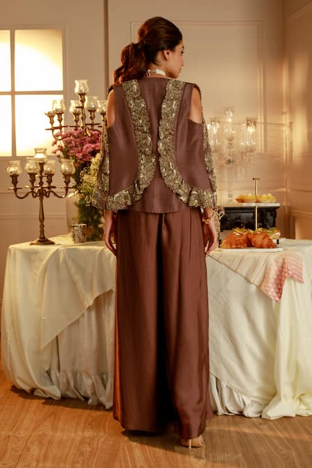 Shop Nehha Nhata Brown Satin Embroidery Open , Round Ruffle Jacket And Flap Pant Set at Aza Fashions Shop_Nehha Nhata_Brown Satin Embroidery Open , Round Ruffle Jacket And Flap Pant Set _at_Aza_Fashions