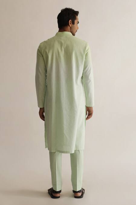 Shop_Kaha_Green Linen Triangle Pintuck Cutout Linneag Detail Kurta_at_Aza_Fashions
