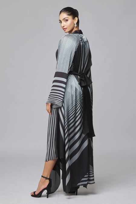 Shop_Amit Aggarwal_Black Chiffon Striped Cape And Skirt Set  _at_Aza_Fashions