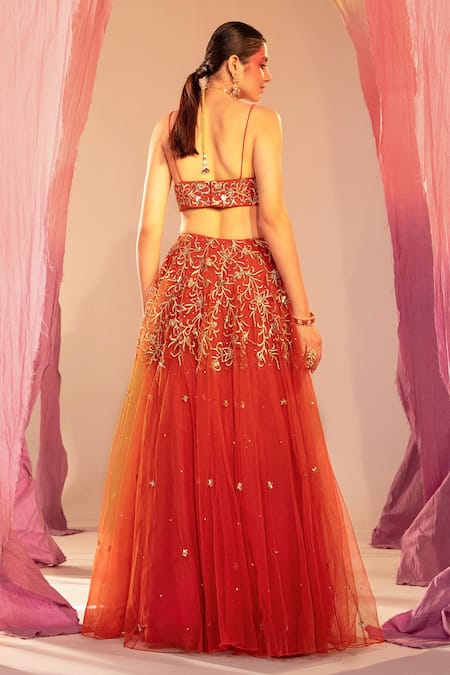 Shop Silky Bindra Orange Net, Silk Sequins, Crystals Flower Vine Embroidered Lehenga Set at Aza Fashions Shop_Silky Bindra_Orange Net, Silk Sequins, Crystals Flower Vine Embroidered Lehenga Set _at_Aza_Fashions