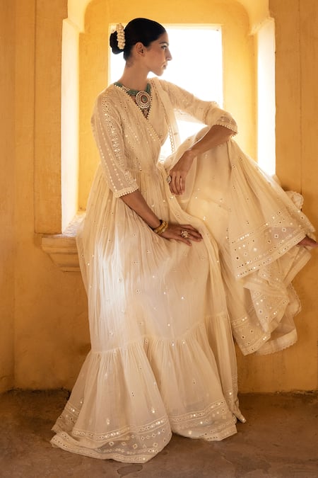 Shop_Preevin_Off White Cotton, Tulle, Net Mirrors Mulmul Angrakha Anarkali With Dupatta _at_Aza_Fashions