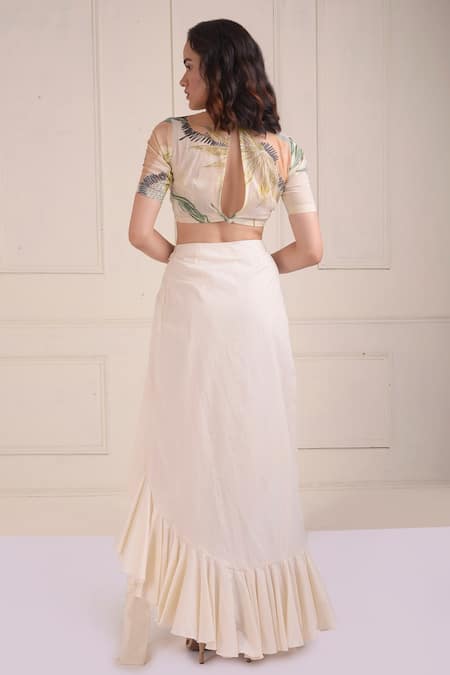 Shop_Shwetanga_Ivory Cotton Round Neck Organic Crop Top And Skirt Set _at_Aza_Fashions