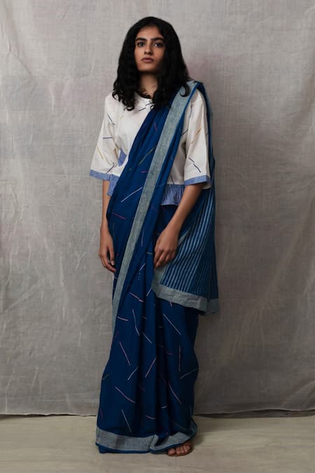 Shop Banana Labs Blue Cotton Sprinkle Round Neck Geometric Stripe Print Saree With Crop Top at Aza Fashions Shop_Banana Labs_Blue Cotton Sprinkle Round Neck Geometric Stripe Print Saree With Crop Top _at_Aza_Fashions