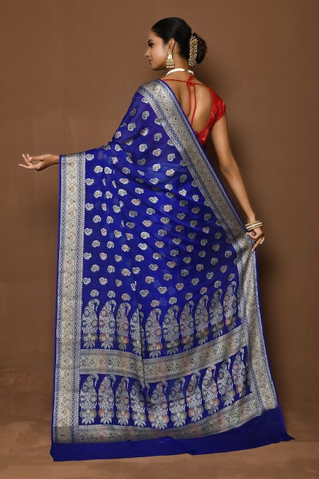 Shop_Samyukta Singhania_Blue Georgette Paisley Scatter Woven Saree _at_Aza_Fashions