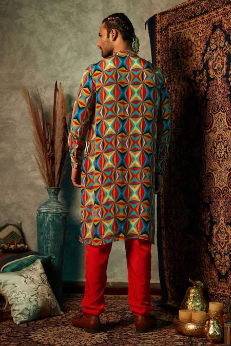 Shop Esha L Amin Multi Color Viscose, Crepe Big Square Print Kurta at Aza Fashions Shop_Esha L Amin_Multi Color Viscose, Crepe Big Square Print Kurta _at_Aza_Fashions