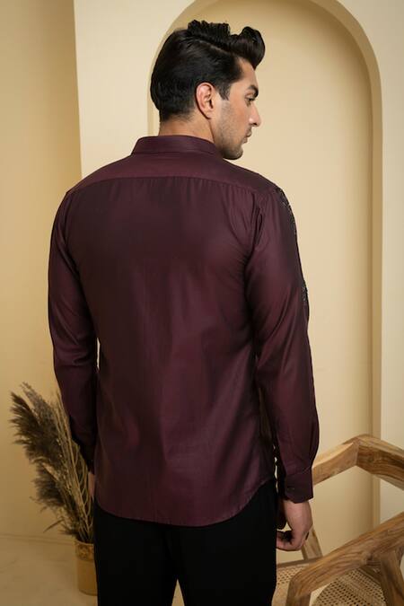 Shop_Hilo Design_Maroon Gabardine Embroidery Daze Placement Shirt _at_Aza_Fashions