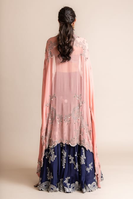 Shop_Nupur Kanoi_Blue Crepe, Silk Mirrors, Sequins, Embroidered Scallop Border Cape And Lehenga Set _at_Aza_Fashions