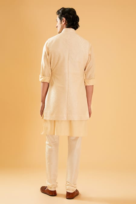 Shop Raghavendra Rathore Blue Off White Silk Embroidery Geometric Bundi at Aza Fashions Shop_Raghavendra Rathore Blue_Off White Silk Embroidery Geometric Bundi _at_Aza_Fashions