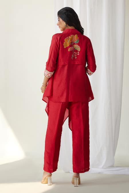 Shop Koashee By Shubitaa Red Silk Embroidery Shawl Neck Floral Printed Co Ord Set at Aza Fashions Shop_Koashee By Shubitaa_Red Silk Embroidery Shawl Neck Floral Printed Co Ord Set _at_Aza_Fashions