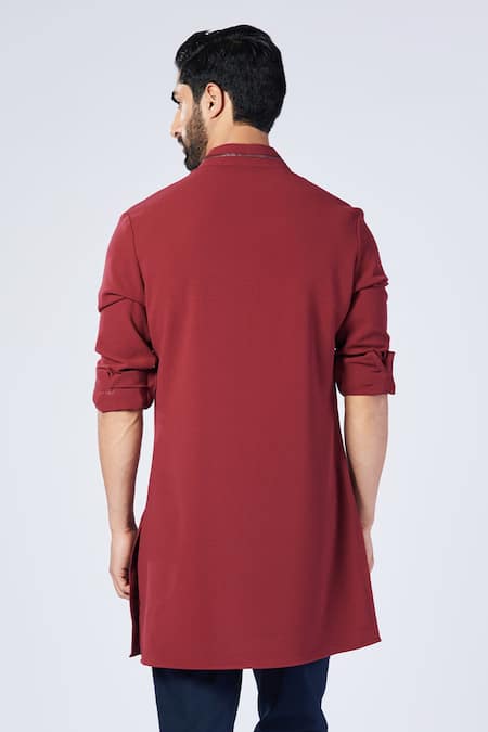 Shop_S&N by Shantnu Nikhil_Red Lycra, Viscose, Polyester Embroidery Button Down Shirt Kurta _at_Aza_Fashions