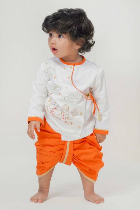 Shop Tiber Taber White Cotton Embroidery Hanuman Kurta Set at Aza Fashions Shop_Tiber Taber_White Cotton Embroidery Hanuman Kurta Set _at_Aza_Fashions