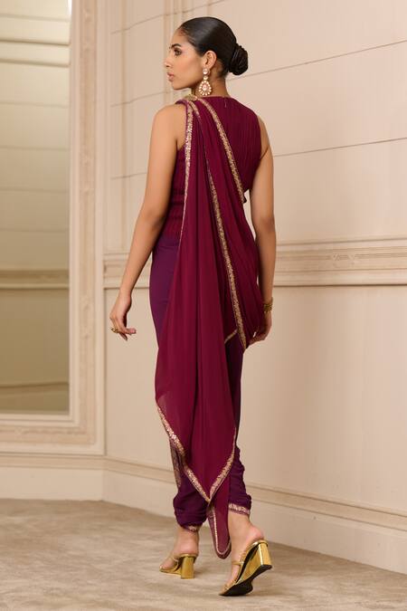 Shop Tarun Tahiliani Purple Georgette Embroidery Concept Dhoti Jumpsuit Fluted Saree at Aza Fashions Shop_Tarun Tahiliani_Purple Georgette Embroidery Concept Dhoti Jumpsuit Fluted Saree_at_Aza_Fashions